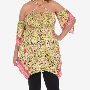 NWT! N Y Collection Womens Cold Shoulder Elastic Smocked Top, Yellow Floral, 2XL